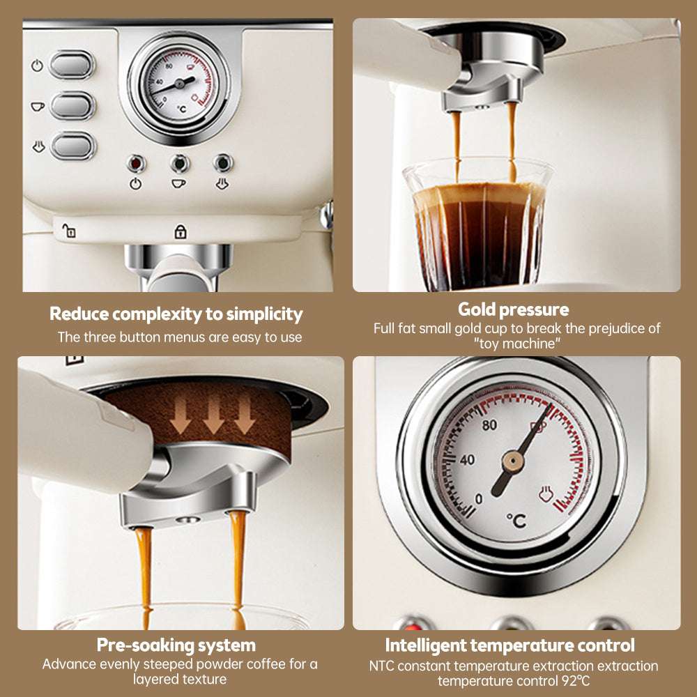 Espresso Coffee Machine Maker 1050W, 20 Bar Pressure, Beige Design for Home Baristas