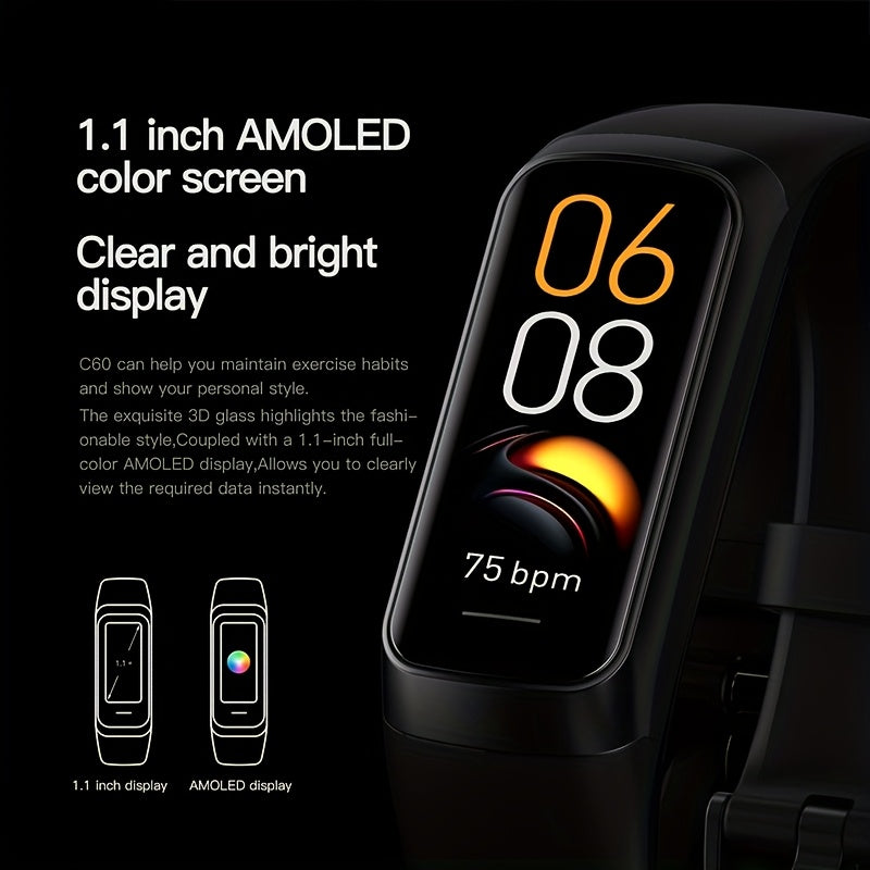 Smart Watch Fitness Tracker - 1.1" Amoled Display, Ultra-Thin C60 25+ Sports Modes, Step & Calorie Counter for Android & for iPhone, Silicone Band, Pink, Activity Tracker, Women Men