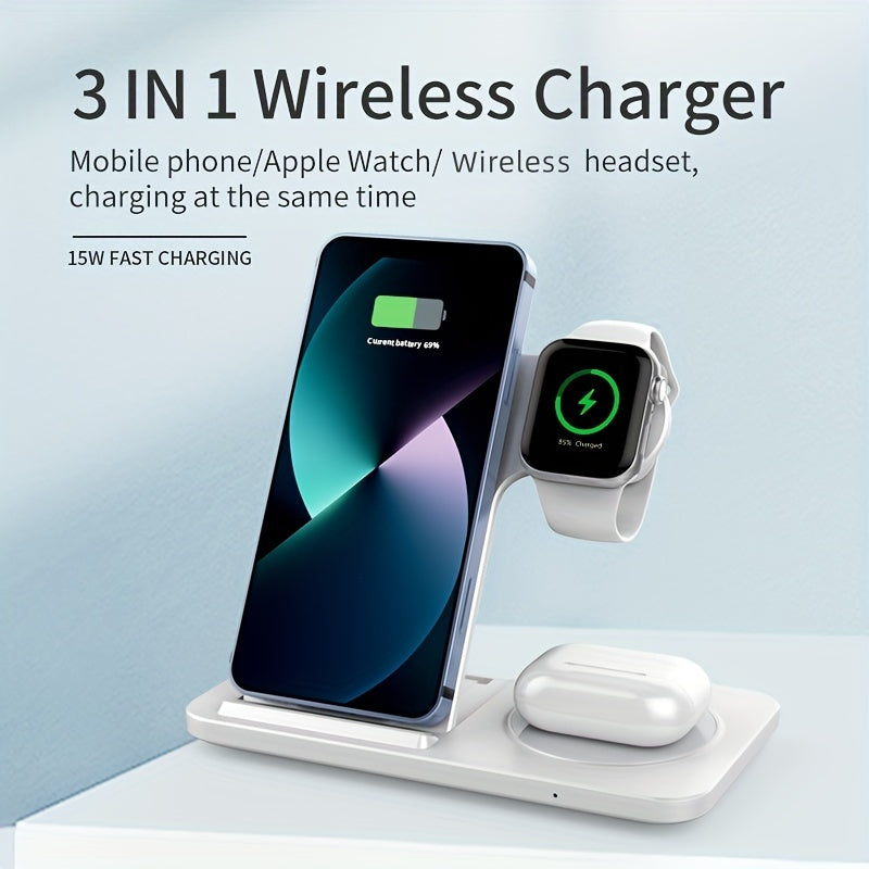 3-in-1 Fast Wireless Charger Stand for iPhone, Apple Watch, and AirPods Great Gift Idea