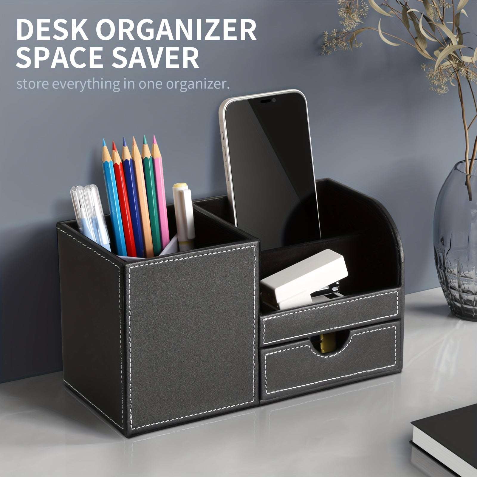 LADSTAG Black PU Leather Desk Organizer with Drawers