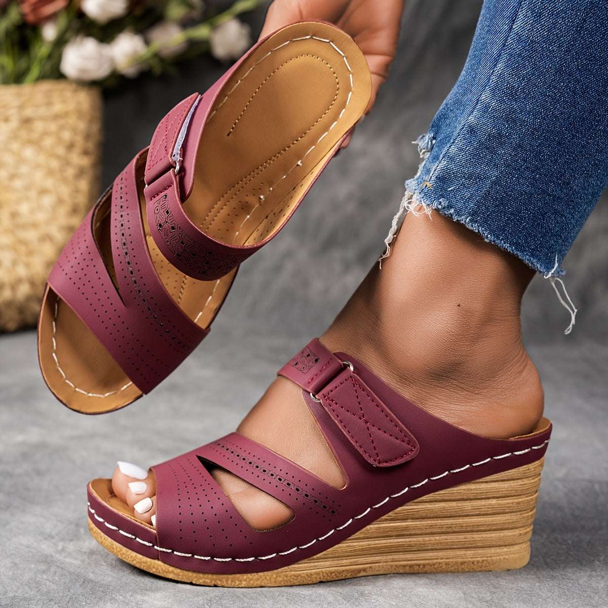 Casual Open Toe with Comfortable Ankle Strap Women's Tan Wedge Sandals
