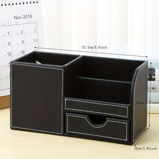 LADSTAG Black PU Leather Desk Organizer with Drawers