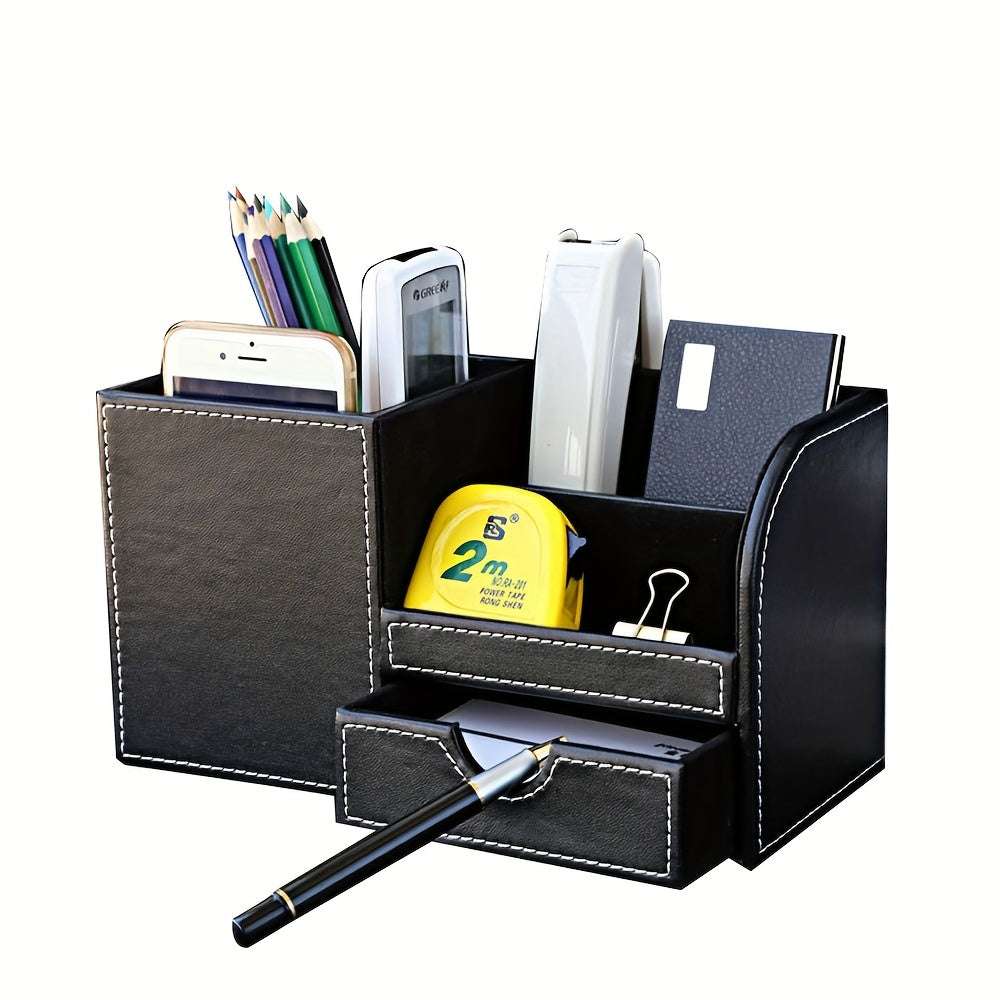 LADSTAG Black PU Leather Desk Organizer with Drawers