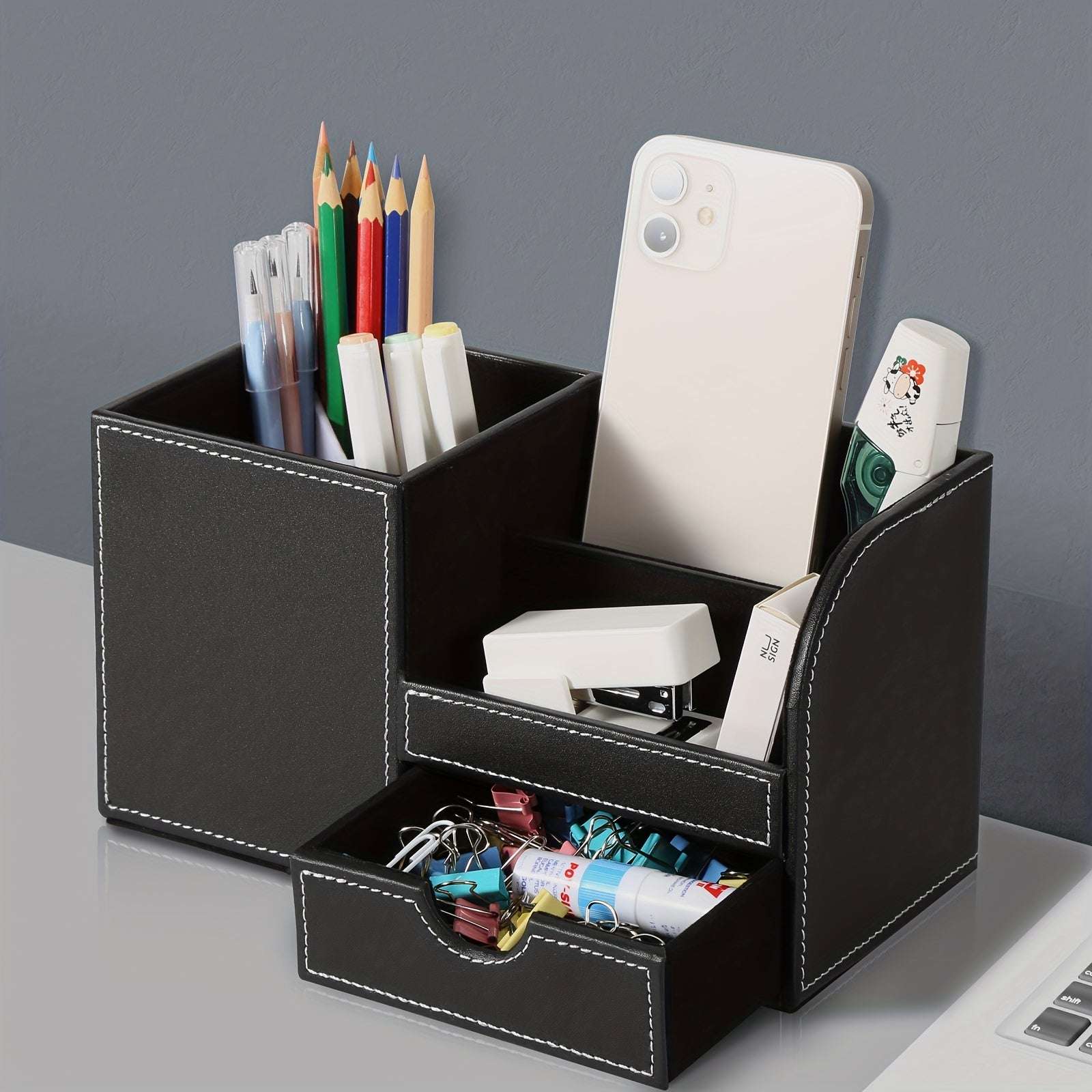 LADSTAG Black PU Leather Desk Organizer with Drawers