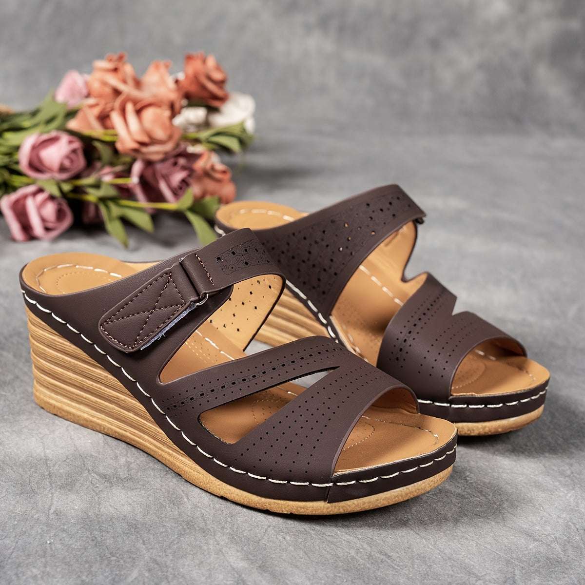 Casual Open Toe with Comfortable Ankle Strap Women's Tan Wedge Sandals