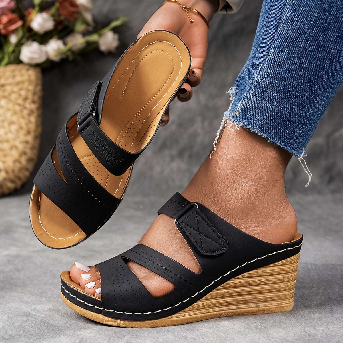 Casual Open Toe with Comfortable Ankle Strap Women's Tan Wedge Sandals