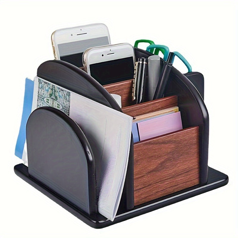 Wooden Desk Organizer - Multifunctional Storage Box with Pen Holder & Business Card Slot