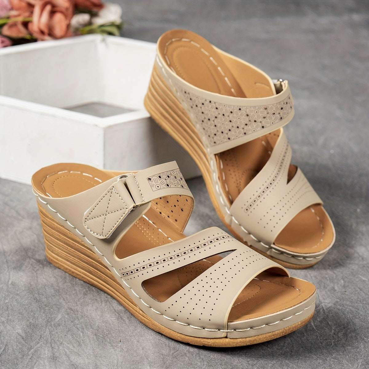 Casual Open Toe with Comfortable Ankle Strap Women's Tan Wedge Sandals