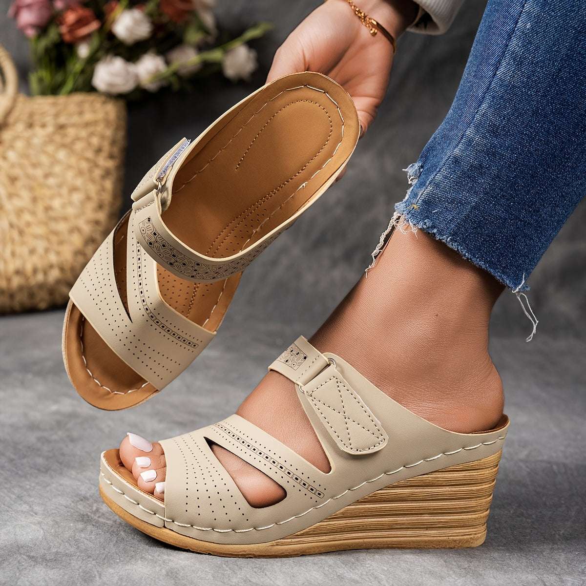 Casual Open Toe with Comfortable Ankle Strap Women's Tan Wedge Sandals