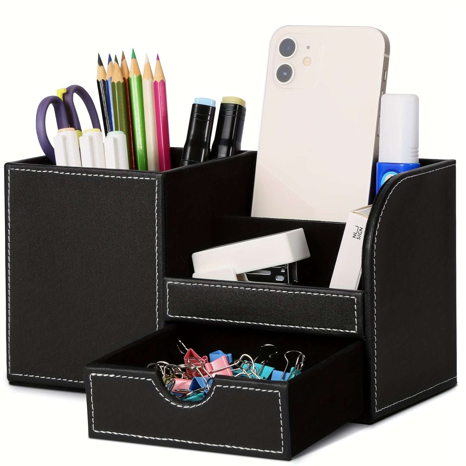 LADSTAG Black PU Leather Desk Organizer with Drawers