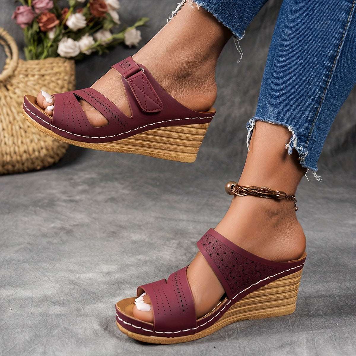 Casual Open Toe with Comfortable Ankle Strap Women's Tan Wedge Sandals