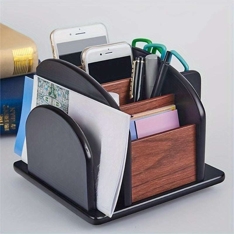 Wooden Desk Organizer - Multifunctional Storage Box with Pen Holder & Business Card Slot