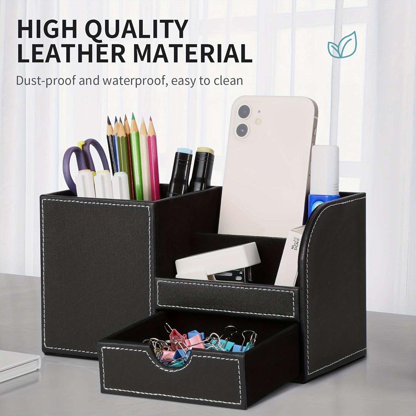 LADSTAG Black PU Leather Desk Organizer with Drawers