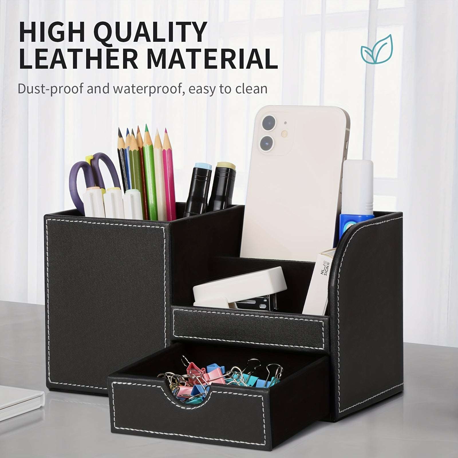 LADSTAG Black PU Leather Desk Organizer with Drawers