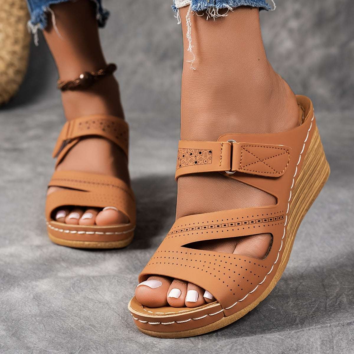 Casual Open Toe with Comfortable Ankle Strap Women's Tan Wedge Sandals
